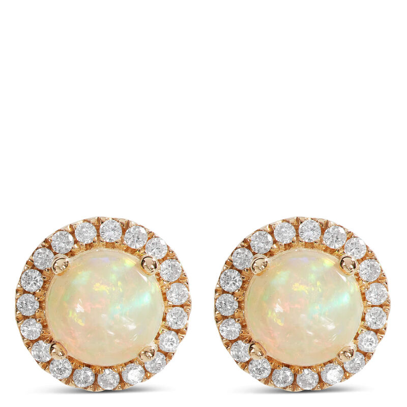 Round Cut Opal and Diamond Halo Earrings, 14K Yellow Gold image number 1