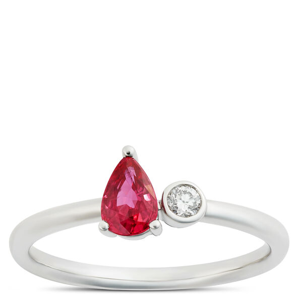 Pear Ruby and Round Diamond Ring, 14K White Gold