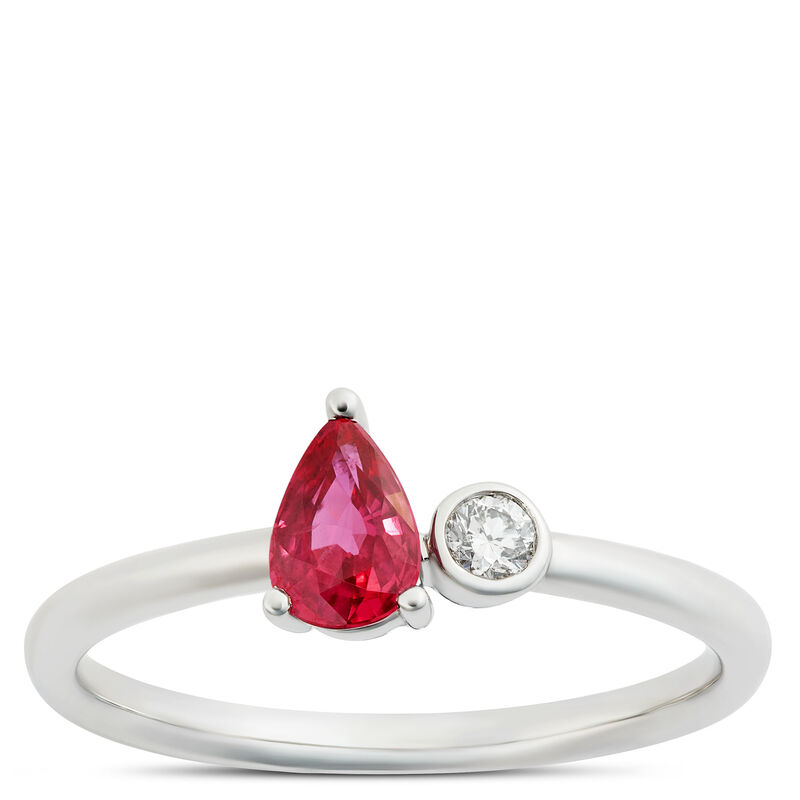 Pear Ruby and Round Diamond Ring, 14K White Gold image number 0