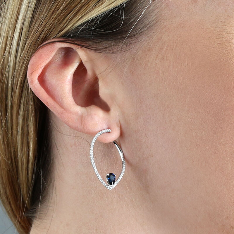 Sapphire & Diamond Pear Front to Back Hoop Earrings 14K image number 1