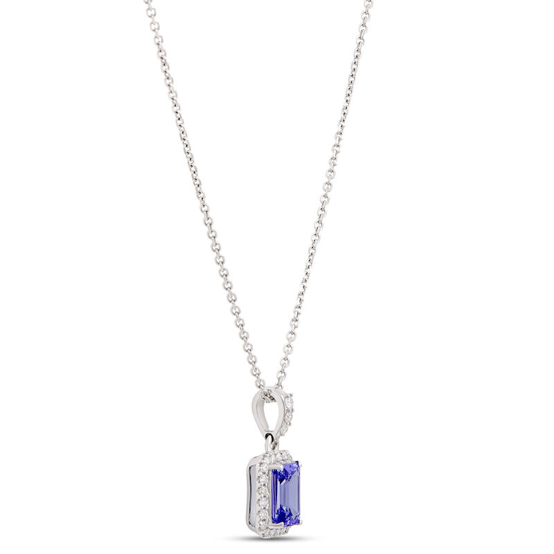 Emerald Cut Tanzanite Pendant with Diamond Halo, 14K White Gold image number 2