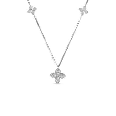 Roberto Coin 18k White Gold Love In Verona Diamond And Polished Flower Station Necklace