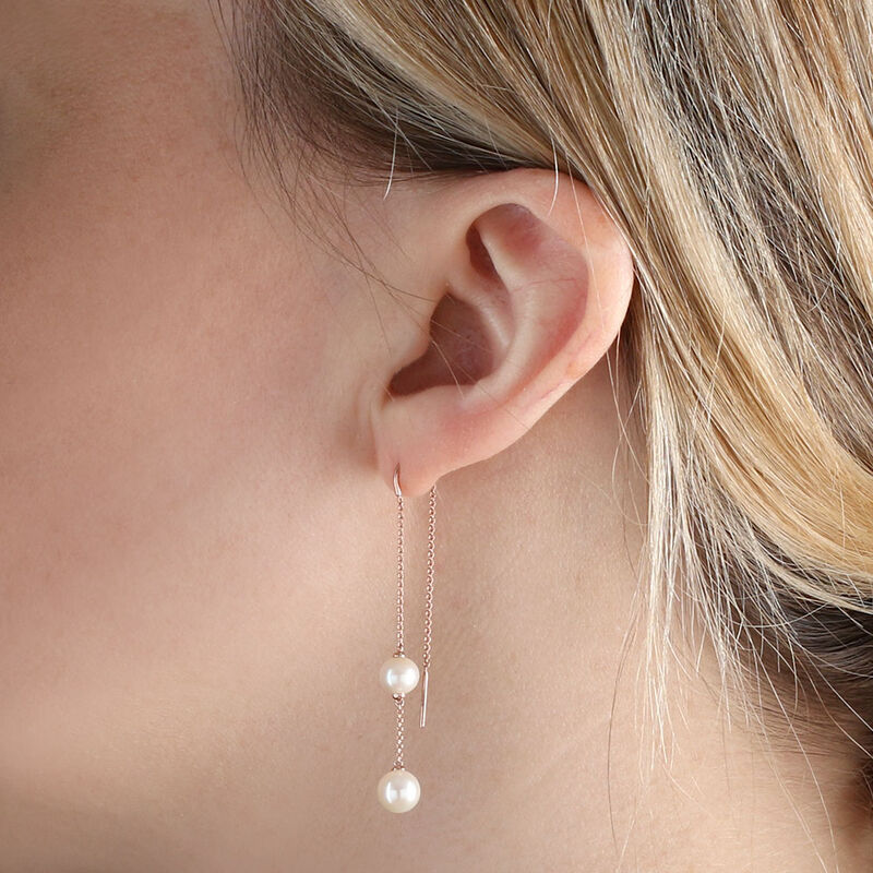 Rose Gold Freshwater Cultured Pearl Threader Earrings 14K image number 2
