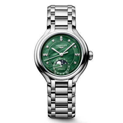 Longines Primaluna Moonphase Green Dial Watch, 34mm