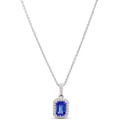 Emerald Cut Tanzanite Pendant with Diamond Halo, 14K White Gold