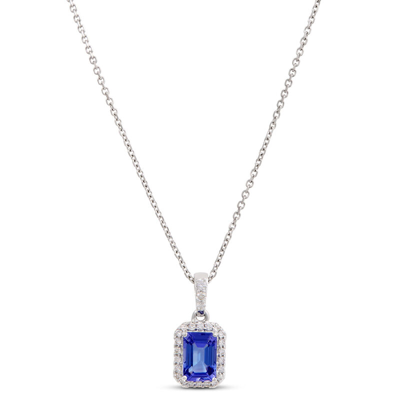 Emerald Cut Tanzanite Pendant with Diamond Halo, 14K White Gold image number 0