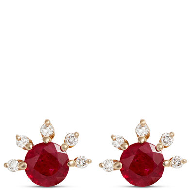 Round Ruby Studs, 14K Yellow Gold