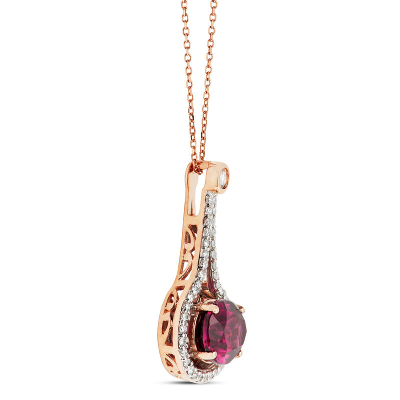 Rose Gold Oval Purple Garnet & Diamond Teardrop Halo Necklace 14K image number 1