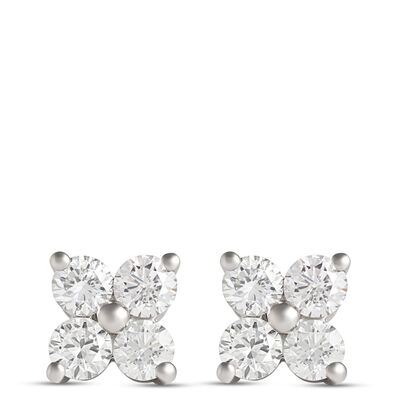 Classic Flower-Shaped Diamond Studs, 1 Carat Total Weight, 14K White Gold