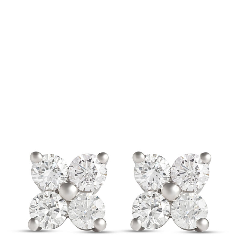 Classic Flower-Shaped Diamond Studs, 1 Carat Total Weight, 14K White Gold image number 0