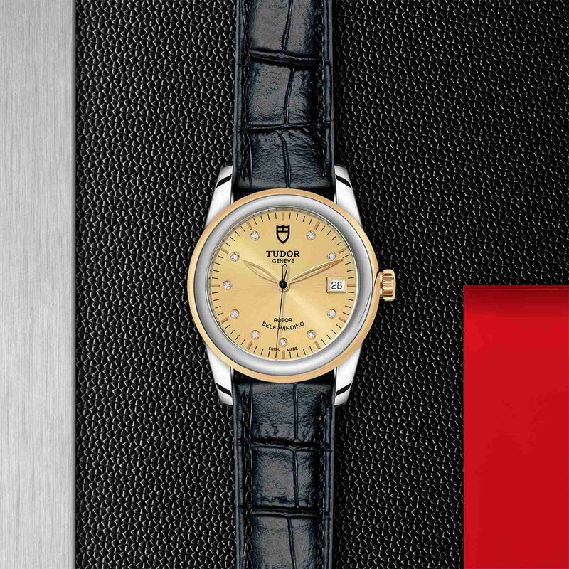 TUDOR Glamour Date Watch Champagne Dial Black Leather Strap, 36mm image number 4