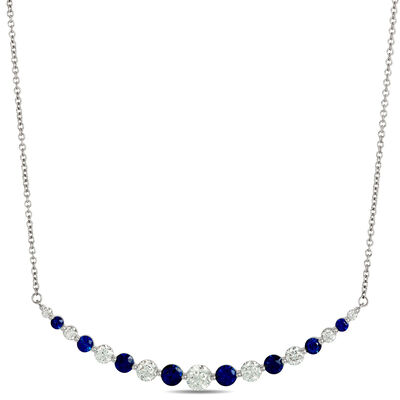 Classic Round Sapphire and Diamond Necklace, 1 Carat Total Weight, 18K White Gold