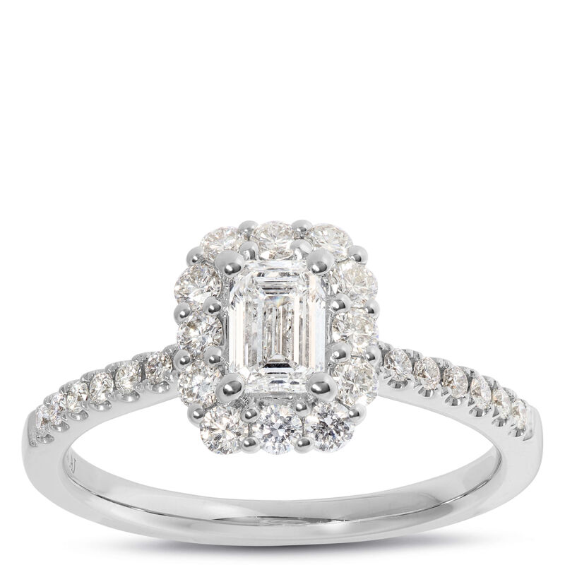 Emerald Cut Diamond Halo Bridal Ring, 14K White Gold image number 0