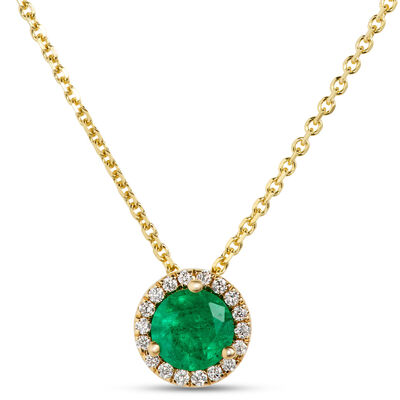 Round Emerald Pendant with Diamond Halo, 14K Yellow Gold