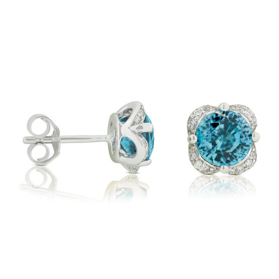 Blue Zircon & Diamond Flower Stud Earrings 14K