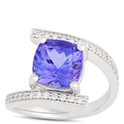 Cushion Cut Tanzanite and Diamond Ring, &frac14; Carat Total Weight 14K White Gold