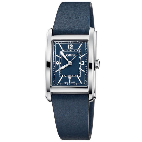 Oris Rectangular Blue Leather Steel Watch, 25.5 x 38mm