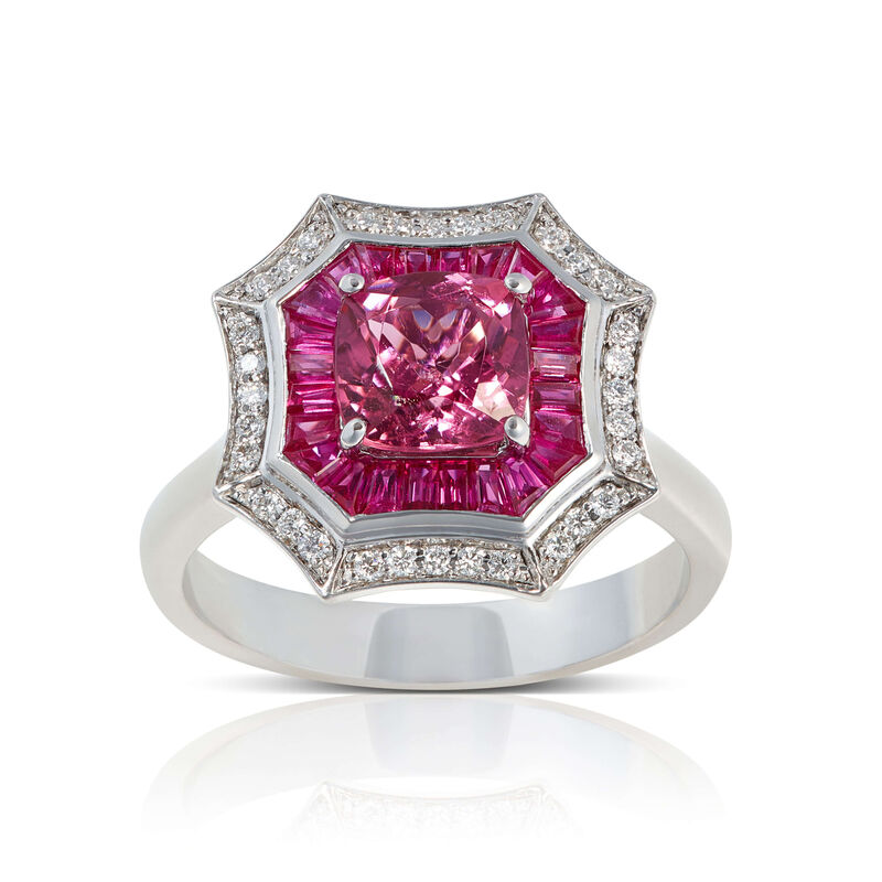 Square Pink Tourmaline, Baguette Ruby & Diamond Halo Ring 14K image number 0