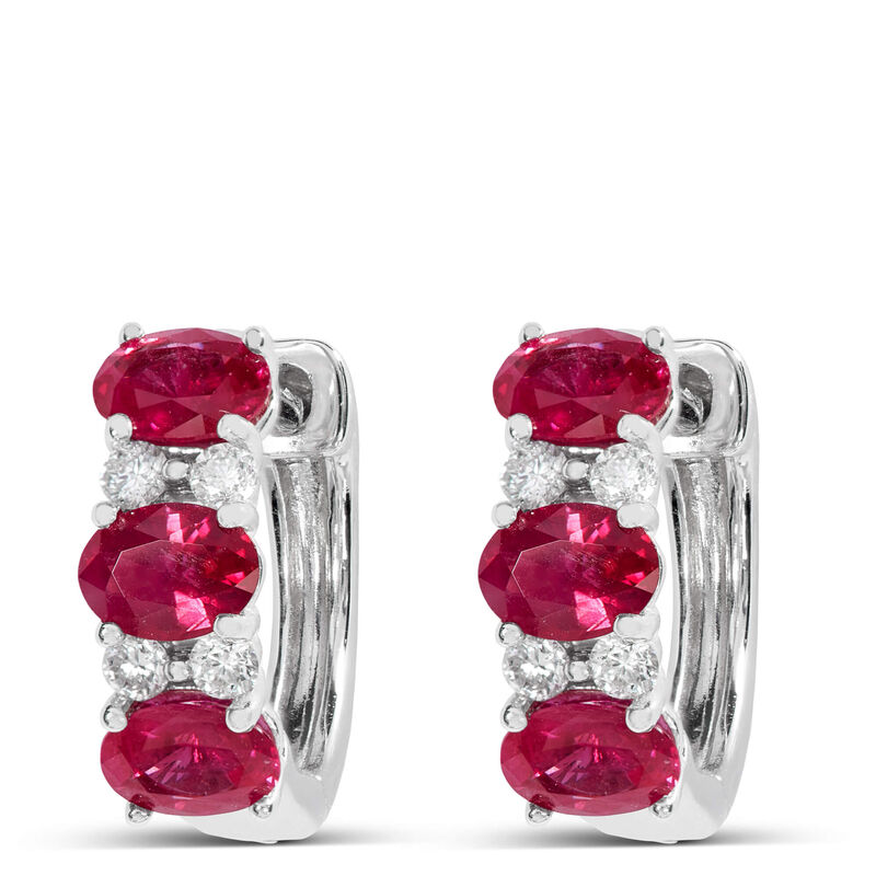 Oval Cut Ruby and Diamond Hoop Earrings, 14K White Gold image number 0