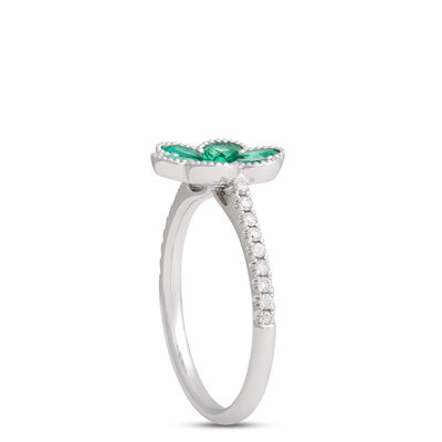 Flower Shaped Emerald Ring, 14K White Gold