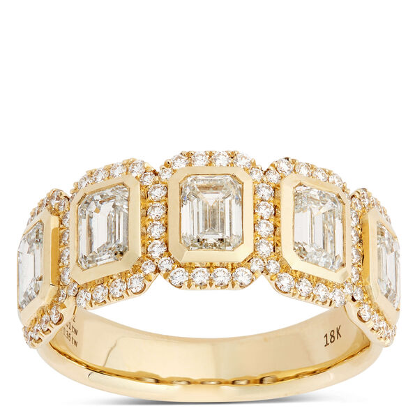 Five Emerald Cut Diamond Halo Ring, 18K Yellow Gold