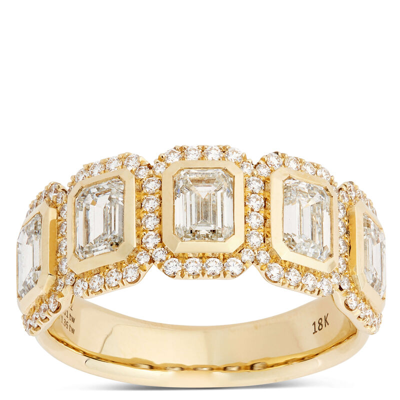 Five Emerald Cut Diamond Halo Ring, 18K Yellow Gold image number 0