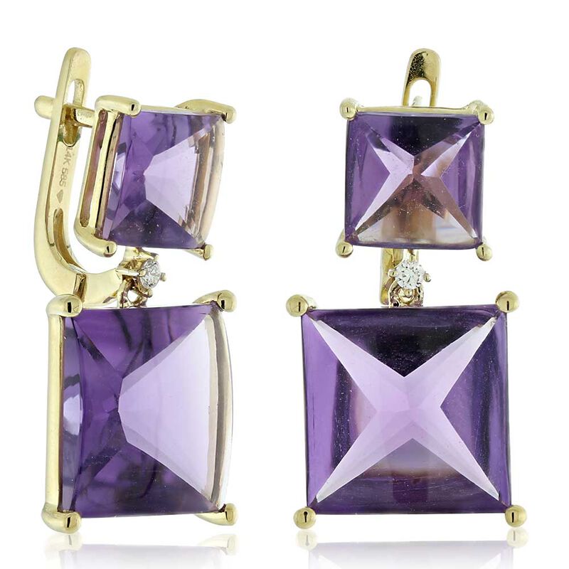Double Square Amethyst & Diamond Earrings 14K image number 0