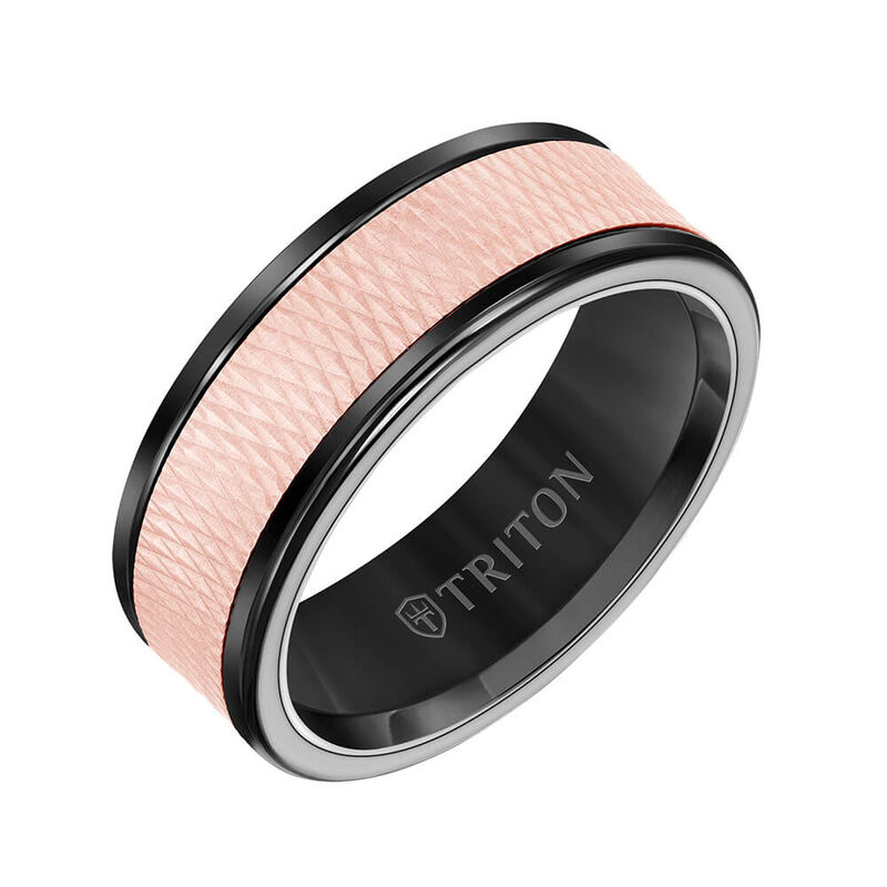 Rose Gold TRITON Custom Comfort Fit Criss Cross Band in Black Tungsten & 14K, 8 mm image number 1