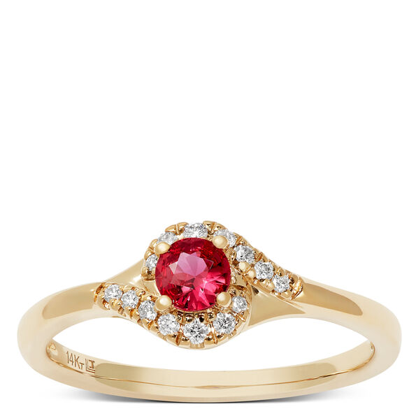 Ruby & Diamond Halo Swirl Ring, 14K Yellow Gold