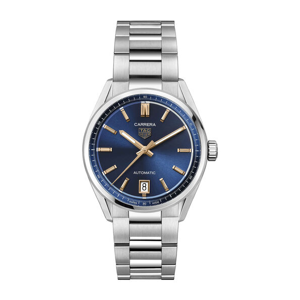 TAG Heuer Carrera Date Watch Steel Case Blue Dial Rose Gold Detailing, 36mm