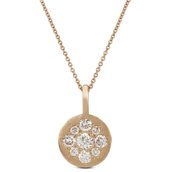 Round Disk Diamond Cluster Pendant Necklace, 14K Yellow Gold