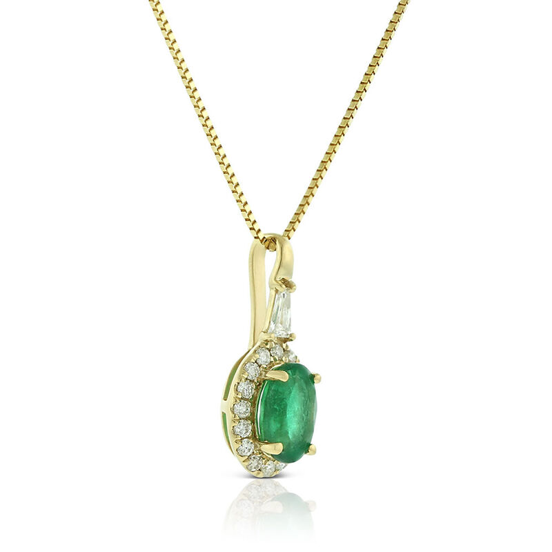Oval Emerald & Diamond Halo Necklace, 14K Yellow Gold image number 1