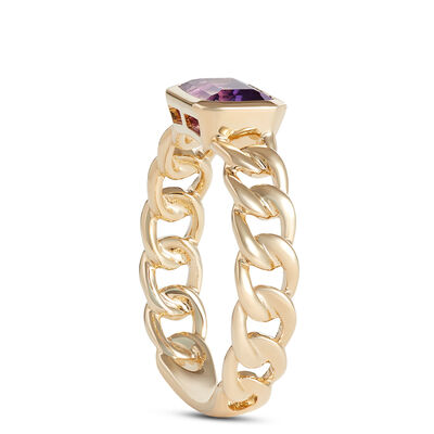 Emerald Cut Amethyst Linked Shank Ring, 14K Yellow Gold