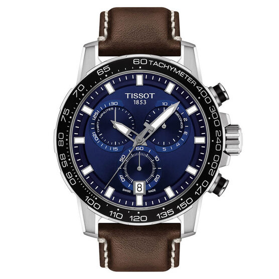 Tissot Supersport Chrono Blue Dial Leather Steel Watch, 45.5mm