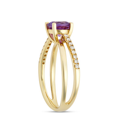 Classic Round Amethyst Ring With Accent Diamonds and Crisscross Shank, 14K Yellow Gold