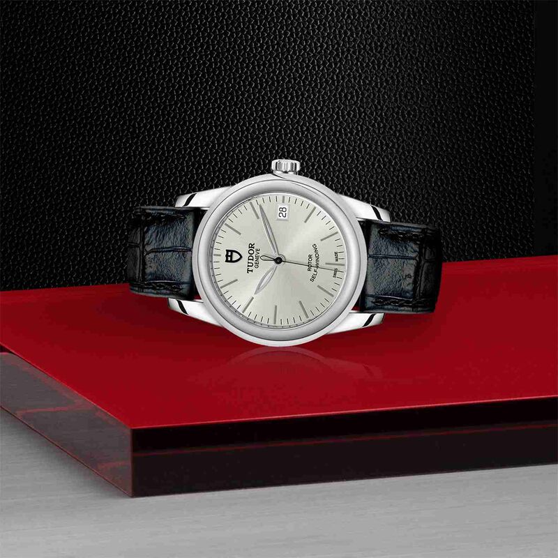 TUDOR Glamour Date Watch Silver Dial Black Leather Strap, 36mm image number 2