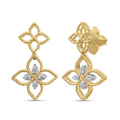 Roberto Coin 18K Yellow and White Princess Flower Open Frame Diamond Drop Earrings