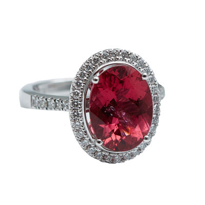 Rubellite and Diamond Halo Ring, 14K White Gold