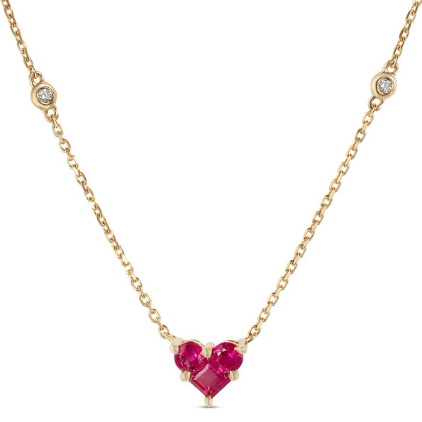 Ruby Heart Necklace with Round Diamonds, 14K Yellow Gold
