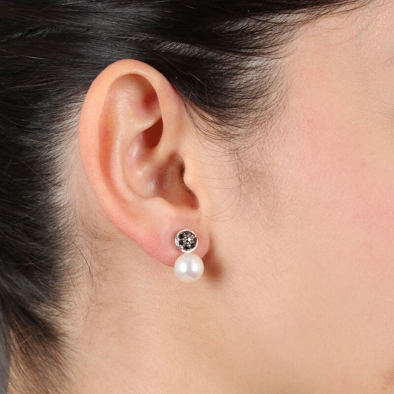 Cultured Freshwater Pearl & Black Diamond Earrings 14K image number 2