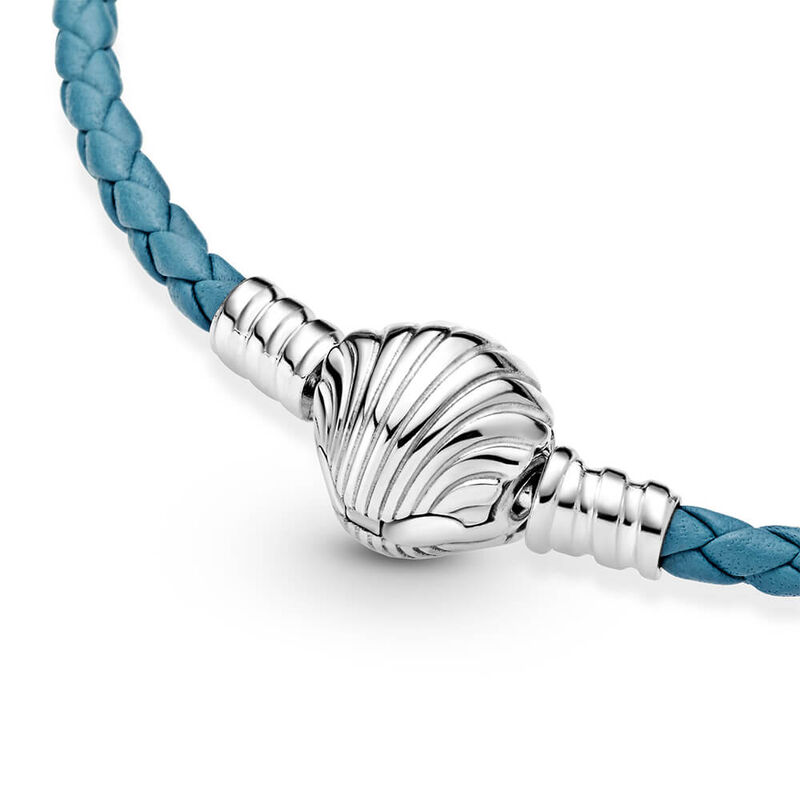 Pandora Moments Seashell Clasp Turquoise Braided Leather Bracelet image number 3