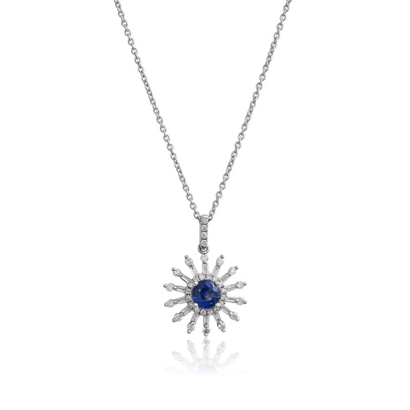 Sapphire & Diamond Sunburst Necklace 14K image number 0