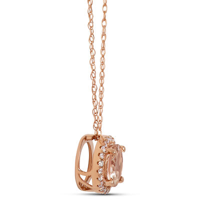 Round Morganite and Diamond Halo Pendant Necklace, 1/10 Carat, 14K Rose Gold