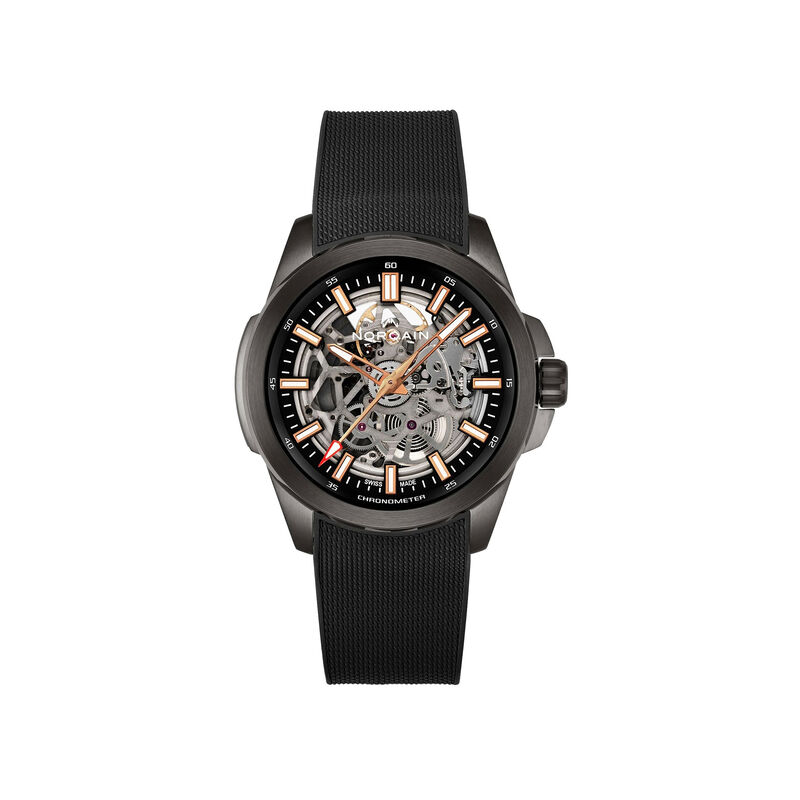 NORQAIN Independence Skeleton Dial Black Rubber Strap Watch, 42mm image number 0
