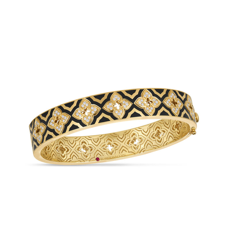 Roberto Coin 18K Yellow Gold Venetian Princess Diamond And Black Enamel Flower Bangle image number 0