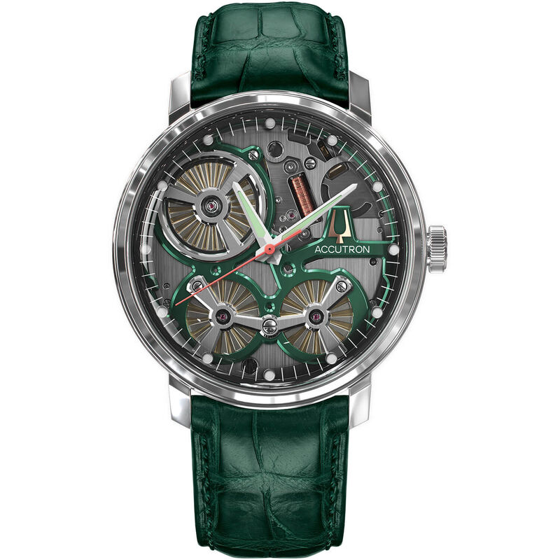Accutron Spaceview Watch Steel Case Grey Dial Green Leather Strap, 43.5mm image number 0
