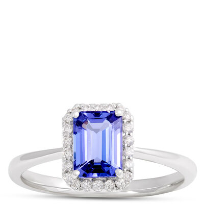 Emerald Cut Tanzanite Ring with Diamond Halo, 14K White Gold