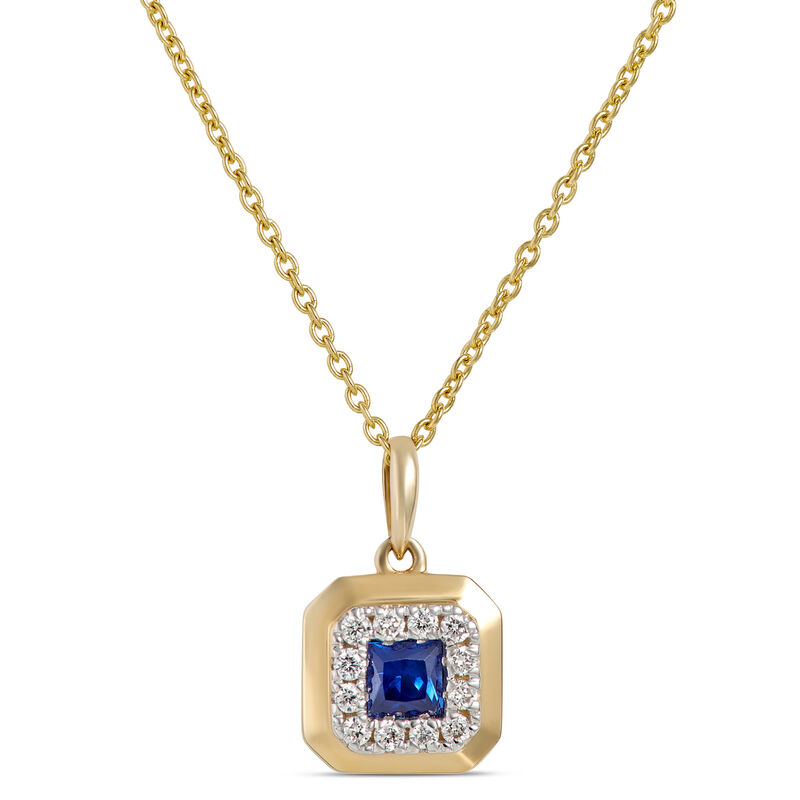 Square Sapphire and Round Diamond Pendant, 14K Yellow Gold image number 0