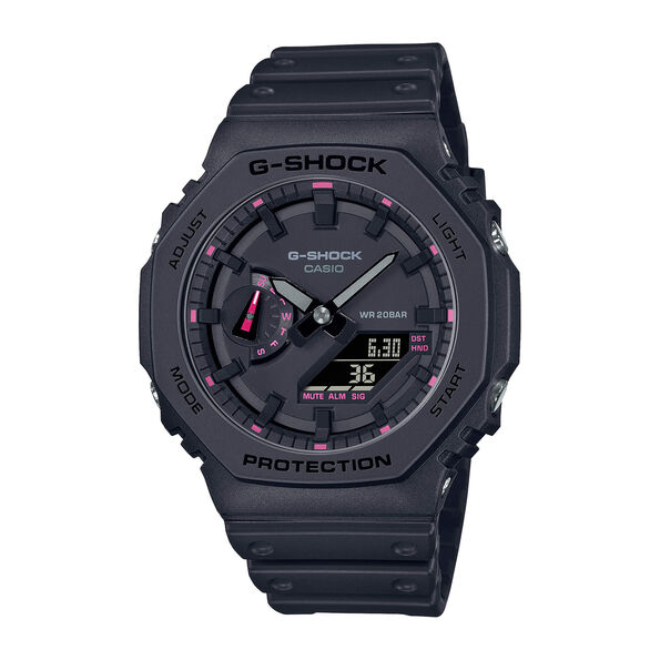 G-Shock Pink Ribbon 2100 Series Watch Black Dial with Pink Accents Black Resin Strap, 48.5mm