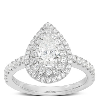 Pear Shaped Double Halo Diamond Engagement Ring, 14K White Gold